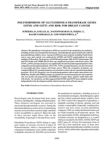 Pdf Polymorphisms Of Glutathione S Transferase Genes Gstm1 And Gstt1 And Risk For Breast Cancer