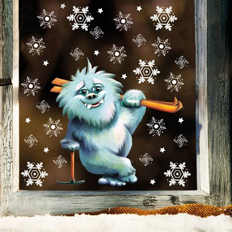 Fensterbild Weihnachten Winter Yeti Skier Mit Schneeflocken Fensterdeko