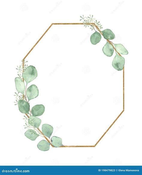 Watercolor Eucalyptus Frame With A Gold Geometric Element Isolated On A