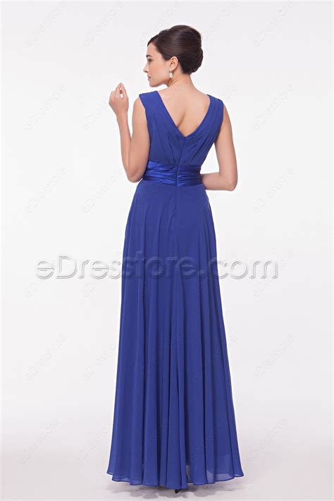 V Neck Royal Blue Long Bridesmaid Dress With Slit Edresstore