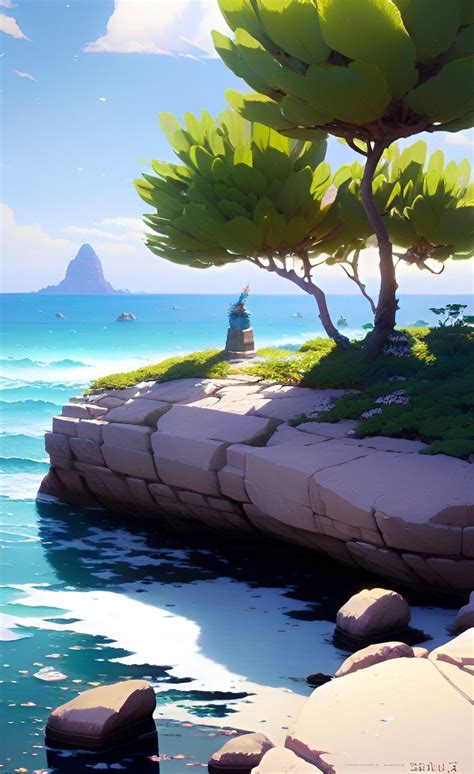 A Painting Of The Ocean With Rocks Trees And A Small Island In The