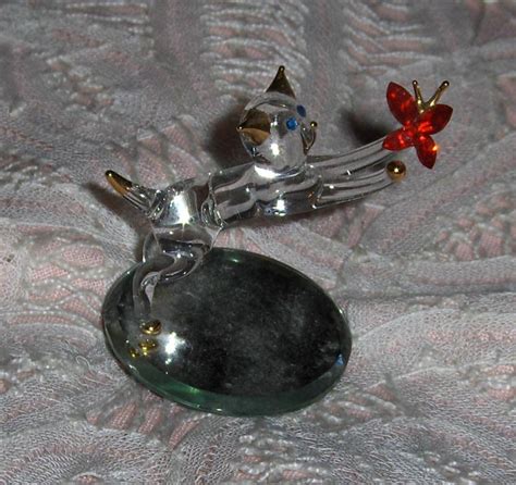 Glass Baron Cat Figurine Gold Accented Kitten Holding Red Butterfly On Mirror Glass Baron