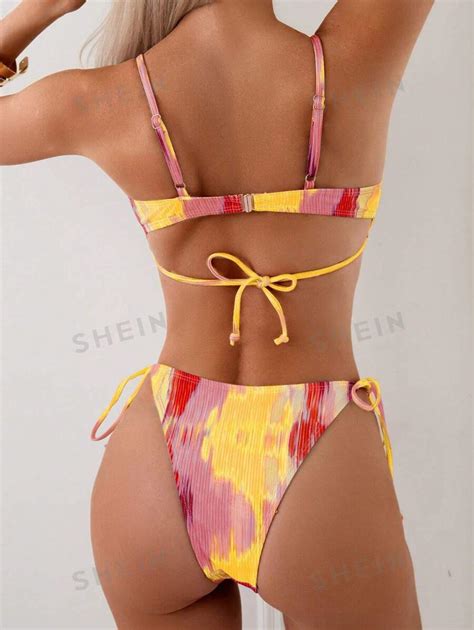 Shein Swim Conjunto De Traje De Baño De Mujer Con Estampado Tie Dye Y Cuello Halter Para Playa