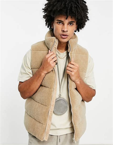 Asos Design Borg Gilet In Stone Asos