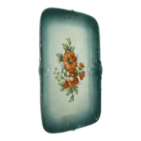 ANTIQUE HAND PAINTED Dresser Tray Vanity Flower Floral Green Orange