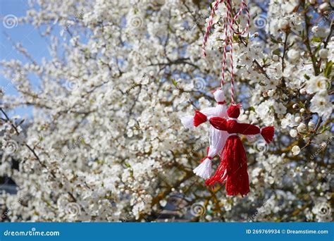 Bulgarian Traditional Spring Decor Martenitsa On The Blossom Tree Baba