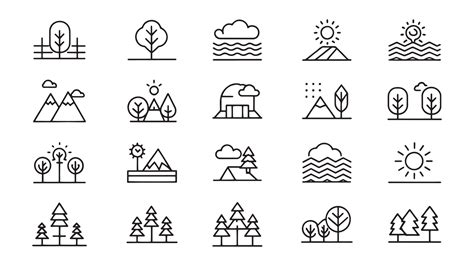 Landscape Related Minimalist Black Line Icons Set Isolated On White