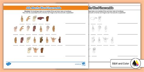 ASL Months Of The Year Word Unscramble Activity Worksheet Part 1