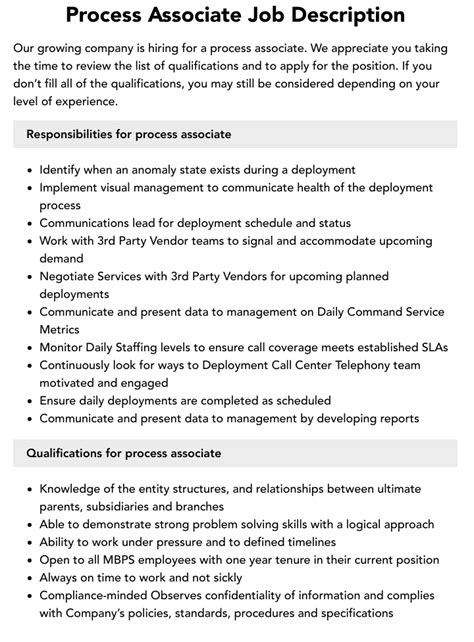 Process Associate Job Description Velvet Jobs