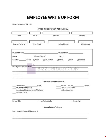 Employee Write Up Form Printable