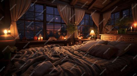 Premium Photo | A bedroom with a bed and a window with the night sky ...