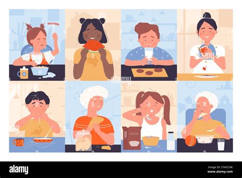 Les Enfants Mangent Une Illustration Vectorielle D Ensemble D Aliments