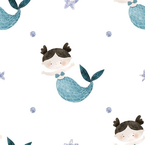 Premium Vector Seamless Pattern With Sea Cartoon Mermaids Mermaid