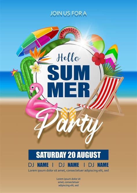 Hello Summer Party Poster With Inflatables And Summer Elements On Beach