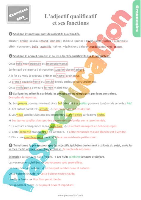 Ladjectif Qualificatif Et Ses Fonctions Au Cm2 Evaluation Et Bilan