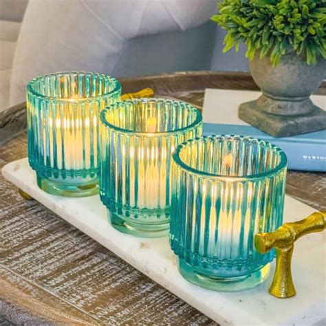 Kate Aspen Ribbed Blue Glass Votive Candle Holder Set Of Bl