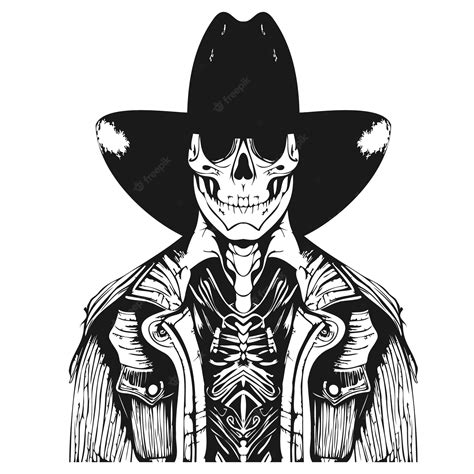 Premium Vector Skull Cowboy Hat Tattoo Hand Drawn Vector Black And