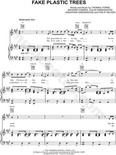 Radiohead Fake Plastic Trees Sheet Music In A Major Transposable