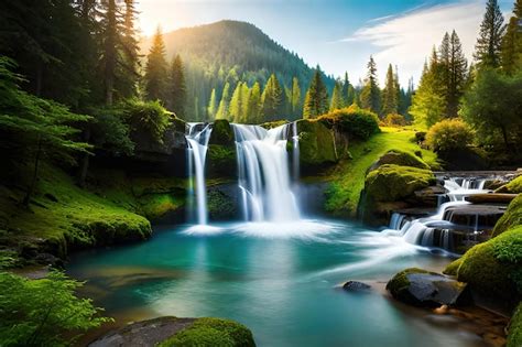 Una Cascada En El Bosque Con Un Bosque Verde Al Fondo Foto Premium