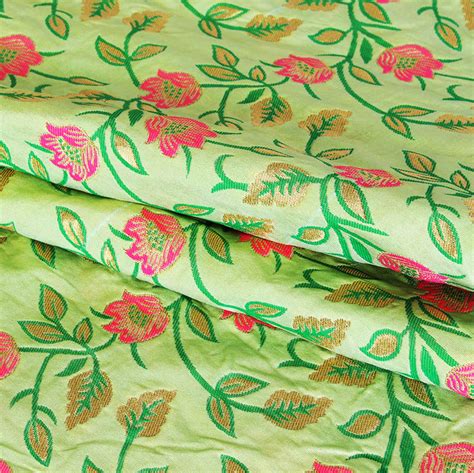 Buy Olive Green Pink And Golden Floral Banarasi Silk Fabric For Best