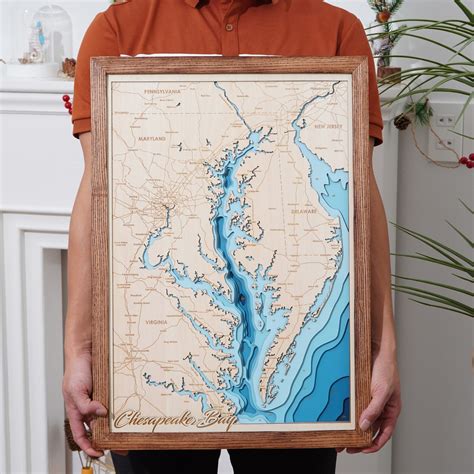 Chesapeake Bay Map Wood - Custom 3D - 7 Layer Map Wood Bathymatric Map