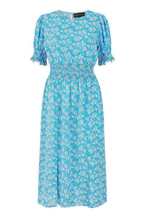 Dresses Blue Floral Print Shirred Waist Midi Dress Mela