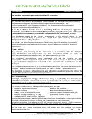 Pre Employment Health Declaration Consolidated Docx Pre Employment