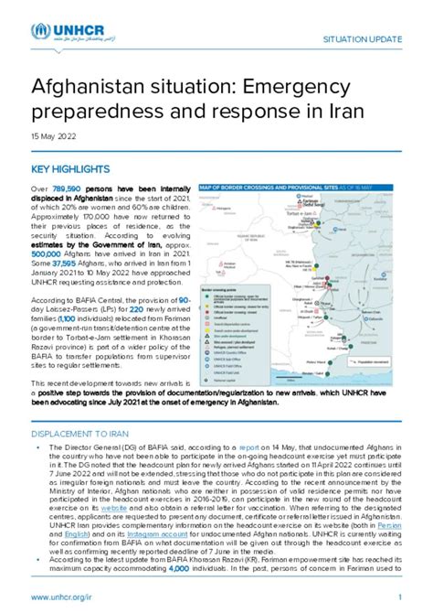 Document UNHCR Iran Afghanistan Situation Update 15 May 2022