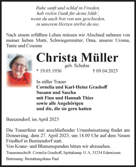 Traueranzeigen Von Christa M Ller Abschied Nehmen De