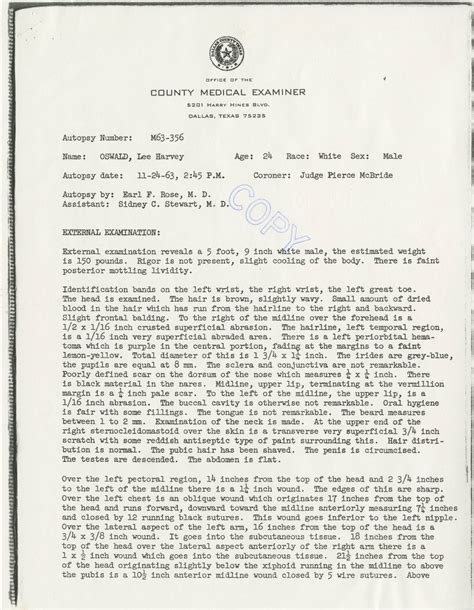 Autopsy report for Lee Harvey Oswald by the Dallas County Medical
