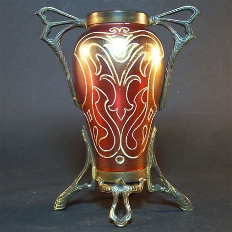 Jugendstil Glas Vase mit Metall Montur Lötz Kralik Haida