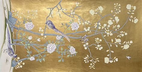 Chinoiserie Panel Hand Painted Wallpaper On Gold Metallic Accept