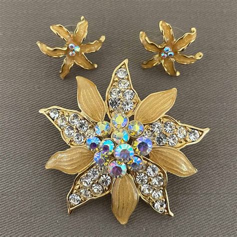 Vintage Flower Enamel Brooch And Earring Set Ab Rhinestone Accents