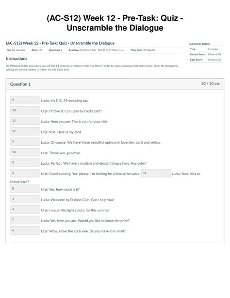 AC S12 Week 12 Pre Task Quiz Unscramble The Dialogue Ingles II