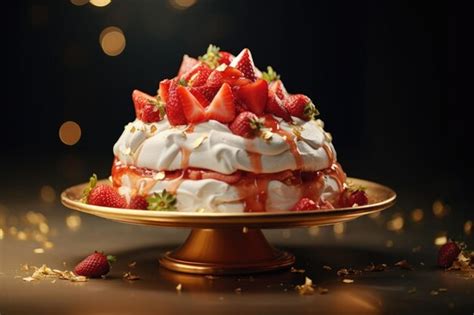 Pastel Pavlova Con Crema Y Fresas Frescas Sobre Un Fondo Oscuro