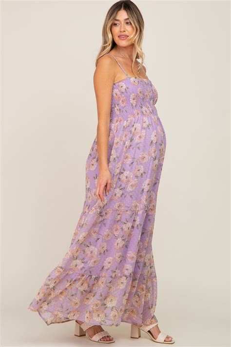 Lavender Floral Swiss Dot Smocked Maternity Maxi Dress Pinkblush