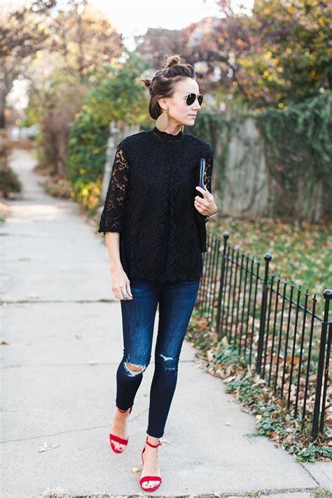 Black Lace Distressed Denim Holiday Lace Top Red Shoes Leather