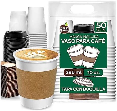 Berry Green 50 Vasos Para Cafe De 10 Oz 296 Ml Resistentes Con Tapa Y