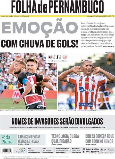 Capa Folha de Pernambuco Edição Segunda 16 de Janeiro de 2023