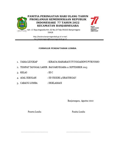 Formulir Pendaftaran Lomba 17 Agustus Pdf