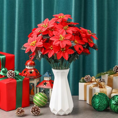 Tigeen 80 Pcs Christmas Artificial Poinsettia Flowers 7 Heads Faux