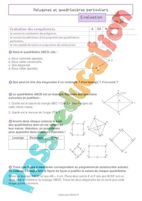 Polygones et quadrilatères particuliers Evaluation de géométrie pour