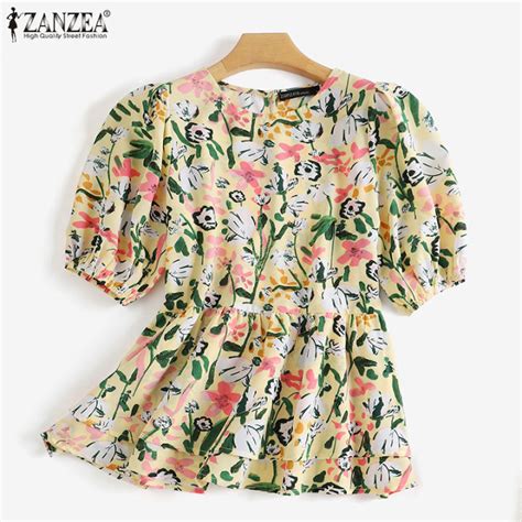Zanzea เสื้อผู้หญิงสไตล์เกาหลี,เสื้อวินเทจแขนพองคอกลมเสื้อลำลองดอกไม้ ...