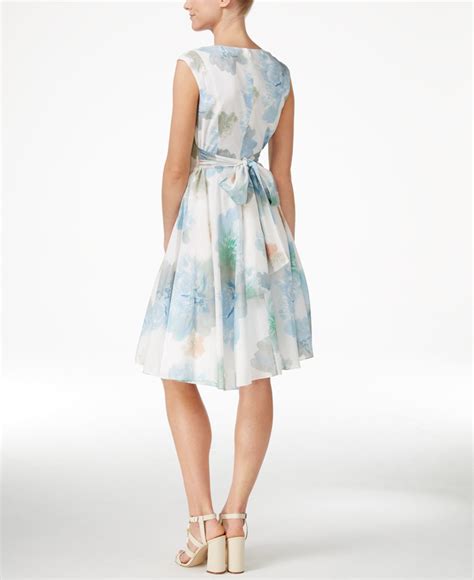 Lyst Calvin Klein Floral Print Cap Sleeve Fit And Flare Dress In Blue