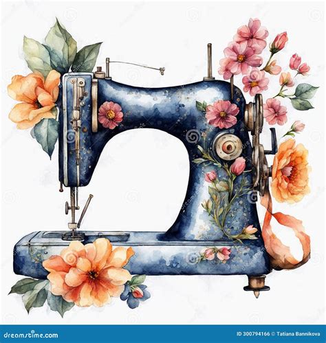 Vintage Sewing Machine With Flowers Watercolor Illustration Stock