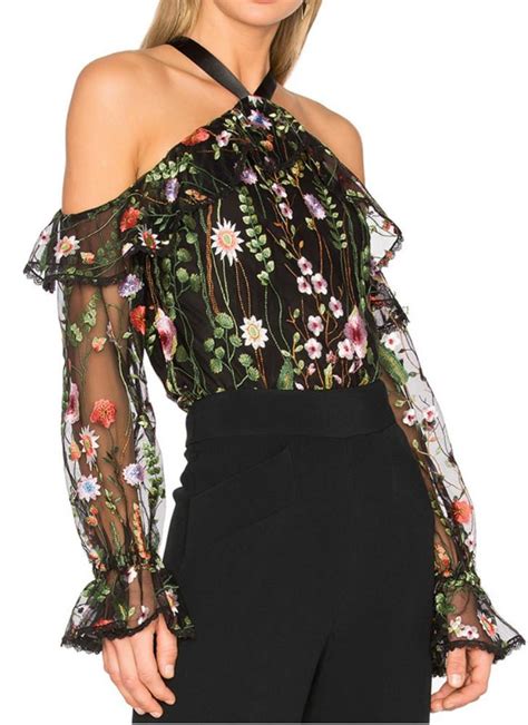 Black L Floral Embroidered Sheer Cold Shoulder Halter Top Chicuu