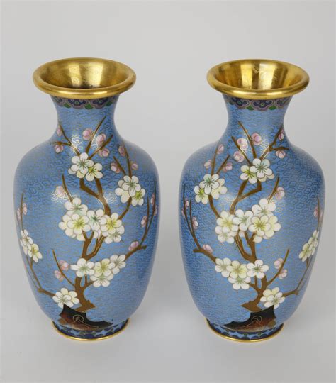 Pair Of Cloisonne Vases Decorated With Cherry Blossoms And Birds Pair