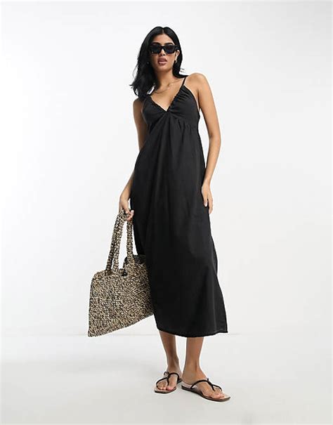 Asos Design Soft Denim Maxi Dress With Strap Back Detail In Washed Black Asos