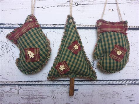 Rustic Homespun Fabric Country Christmas Tree Ornaments Set Etsy UK