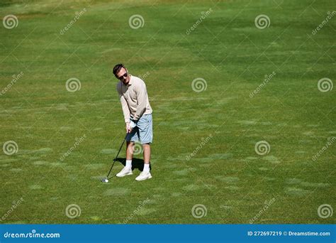 Rich Man Playing Golf On Green Field In Sunlight Stock Image Image Of